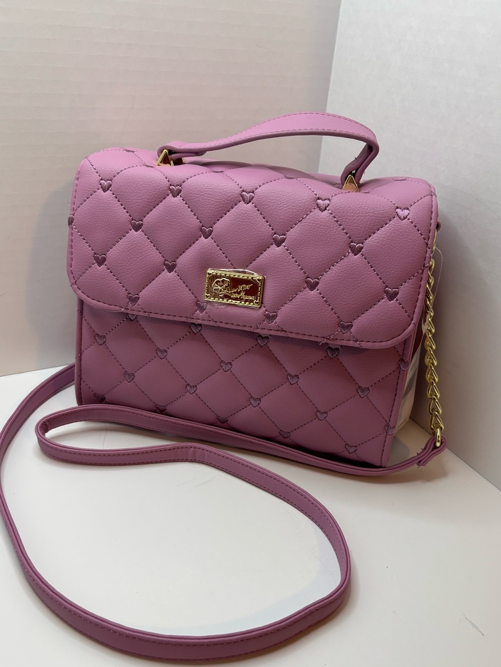 Luv Betsey Johnson Quilted Heart stitching Crossbody purse in mauve color LBADDY